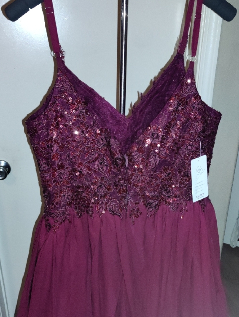 Burgundy Beaded Spaghetti-Strap Prom Gown with High Slit - Picture 5 of 7